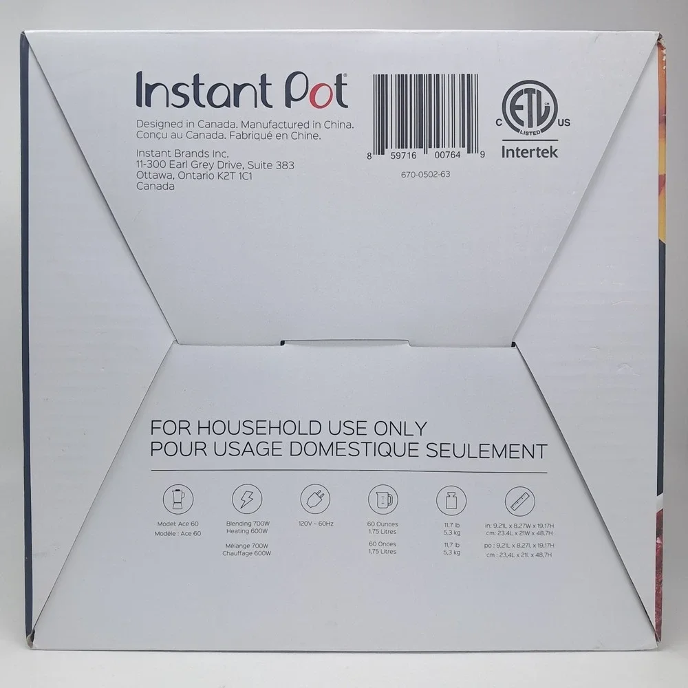 Instant Pot‎ Ace Cooking Blender 60oz 1.75L Multi-Use Glass Stainless Steel